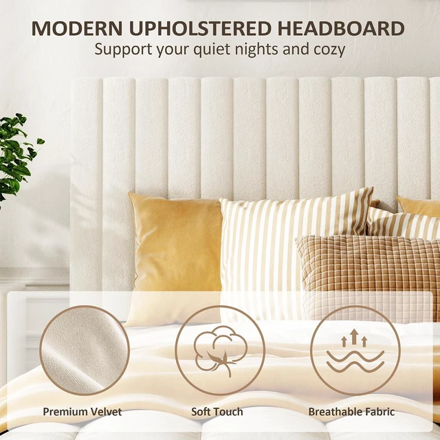 Alt view image 4 of 7 - Velvet Upholstered Platform Bed King with Adjustable Headboard, Tufted Bed Frame with Eva Silent Strips, No-Spring Mattress Compatible, Easy Assembly, Beige