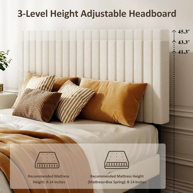 Alt view image 6 of 7 - Velvet Upholstered Platform Bed King with Adjustable Headboard, Tufted Bed Frame with Eva Silent Strips, No-Spring Mattress Compatible, Easy Assembly, Beige