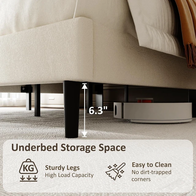 Alt view image 7 of 7 - Velvet Upholstered Platform Bed King with Adjustable Headboard, Tufted Bed Frame with Eva Silent Strips, No-Spring Mattress Compatible, Easy Assembly, Beige