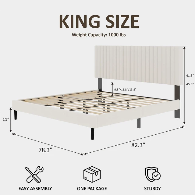 Alt view image 2 of 7 - Velvet Upholstered Platform Bed King with Adjustable Headboard, Tufted Bed Frame with Eva Silent Strips, No-Spring Mattress Compatible, Easy Assembly, Beige