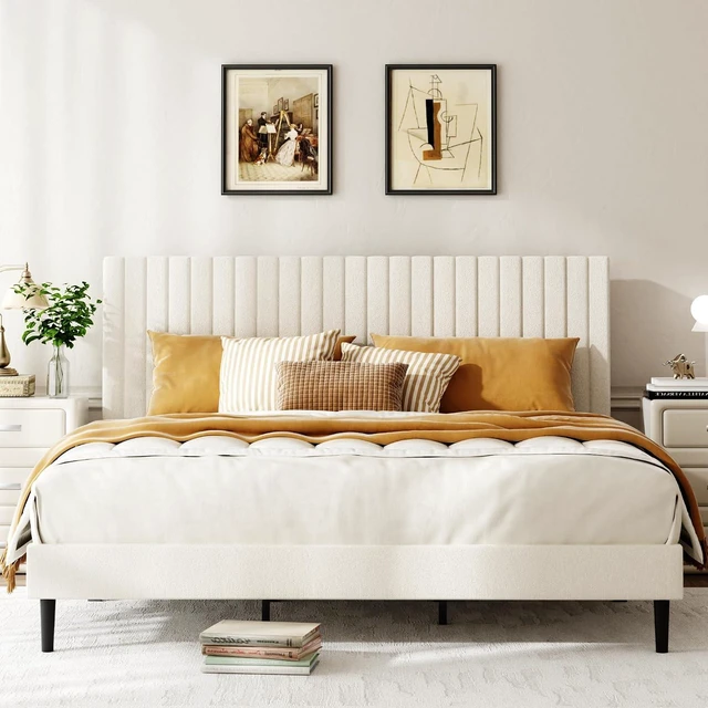Alt view image 3 of 7 - Velvet Upholstered Platform Bed King with Adjustable Headboard, Tufted Bed Frame with Eva Silent Strips, No-Spring Mattress Compatible, Easy Assembly, Beige