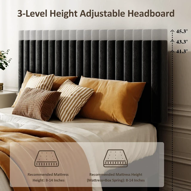 Alt view image 5 of 7 - Queen Size Velvet Bed Frame with Height-Adjustable Headboard, Upholstered Platform Bed Frame with Eva Silent Strips, No-Spring Mattress Compatible, Easy Assembly, Black