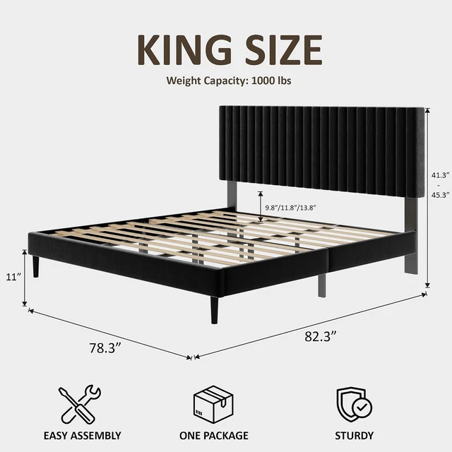 Alt view image 2 of 7 - Velvet Upholstered Platform Bed King with Adjustable Headboard, Tufted Bed Frame with Eva Silent Strips, No-Spring Mattress Compatible, Easy Assembly, Black