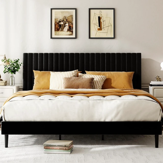 Main image of Velvet Upholstered Platform Bed King with Adjustable Headboard, Tufted Bed Frame with Eva Silent Strips, No-Spring Mattress Compatible, Easy Assembly, Black