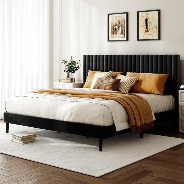 Alt view image 3 of 7 - Velvet Upholstered Platform Bed King with Adjustable Headboard, Tufted Bed Frame with Eva Silent Strips, No-Spring Mattress Compatible, Easy Assembly, Black