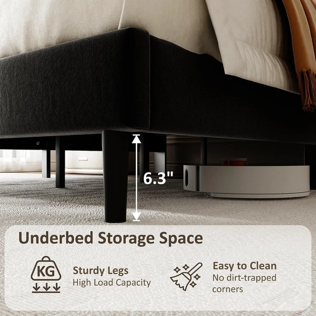 Alt view image 7 of 7 - Queen Size Velvet Bed Frame with Height-Adjustable Headboard, Upholstered Platform Bed Frame with Eva Silent Strips, No-Spring Mattress Compatible, Easy Assembly, Black