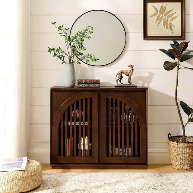 Main image of Arched Buffet Cabinet with 2 Outlet Holes, Dark Walnut