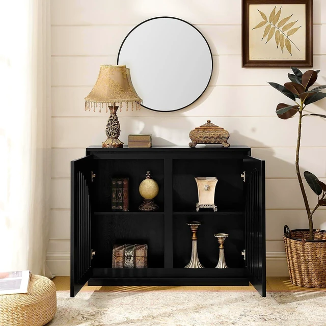 Alt view image 3 of 7 - Arched Buffet Cabinet with 2 Outlet Holes, Black