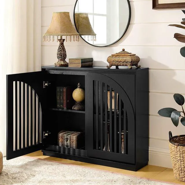 Alt view image 4 of 7 - Arched Buffet Cabinet with 2 Outlet Holes, Black
