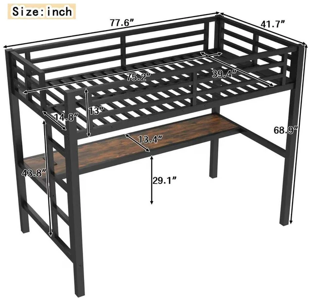 Alt view image 2 of 7 - Metal Loft Bed with Desk and Charging Station for Small Bedroom, High Loft Bed Frame with LED Lighted and Safety Guardrail for Teens, Adults, No Box Spring Needed, Twin Size, Black