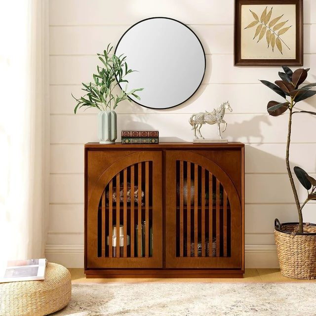 Alt view image 3 of 7 - Arched Buffet Cabinet with 2 Outlet Holes, Walnut