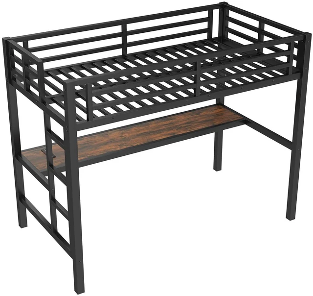 Alt view image 3 of 7 - Metal Loft Bed with Desk and Charging Station for Small Bedroom, High Loft Bed Frame with LED Lighted and Safety Guardrail for Teens, Adults, No Box Spring Needed, Twin Size, Black