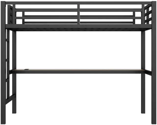 Alt view image 5 of 7 - Metal Loft Bed with Desk and Charging Station for Small Bedroom, High Loft Bed Frame with LED Lighted and Safety Guardrail for Teens, Adults, No Box Spring Needed, Twin Size, Black