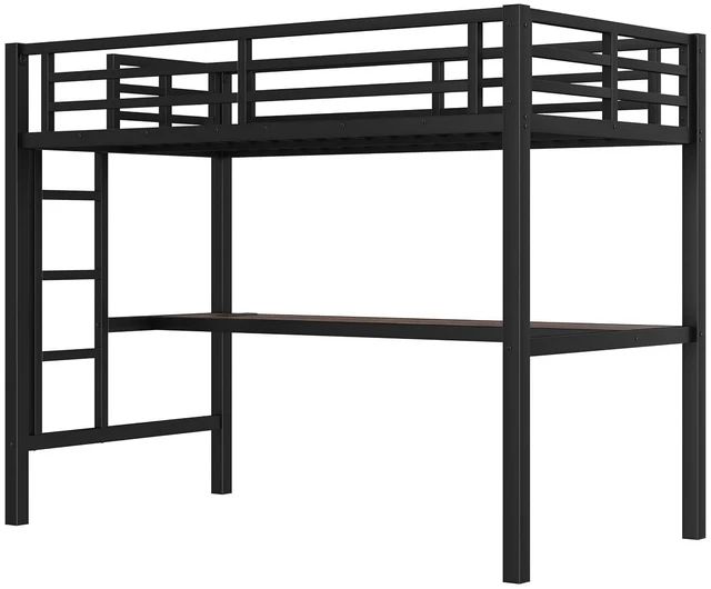 Alt view image 6 of 7 - Metal Loft Bed with Desk and Charging Station for Small Bedroom, High Loft Bed Frame with LED Lighted and Safety Guardrail for Teens, Adults, No Box Spring Needed, Twin Size, Black