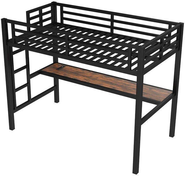 Alt view image 4 of 7 - Metal Loft Bed with Desk and Charging Station for Small Bedroom, High Loft Bed Frame with LED Lighted and Safety Guardrail for Teens, Adults, No Box Spring Needed, Twin Size, Black