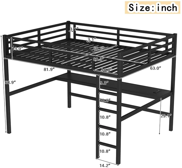 Alt view image 2 of 7 - Metal Loft Bed with Desk and Charging Station for Small Bedroom, High Loft Bed Frame with LED Lighted and Safety Guardrail for Teens, Adults, No Box Spring Needed, Queen Size, Black