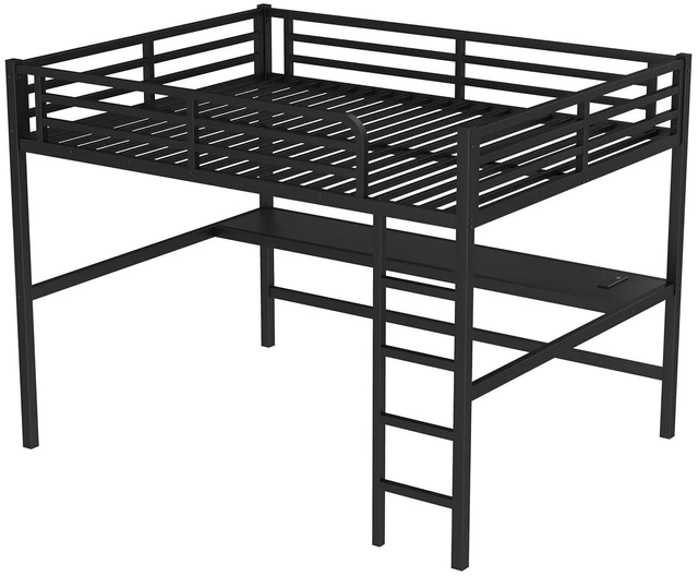 Alt view image 6 of 7 - Metal Loft Bed with Desk and Charging Station for Small Bedroom, High Loft Bed Frame with LED Lighted and Safety Guardrail for Teens, Adults, No Box Spring Needed, Queen Size, Black