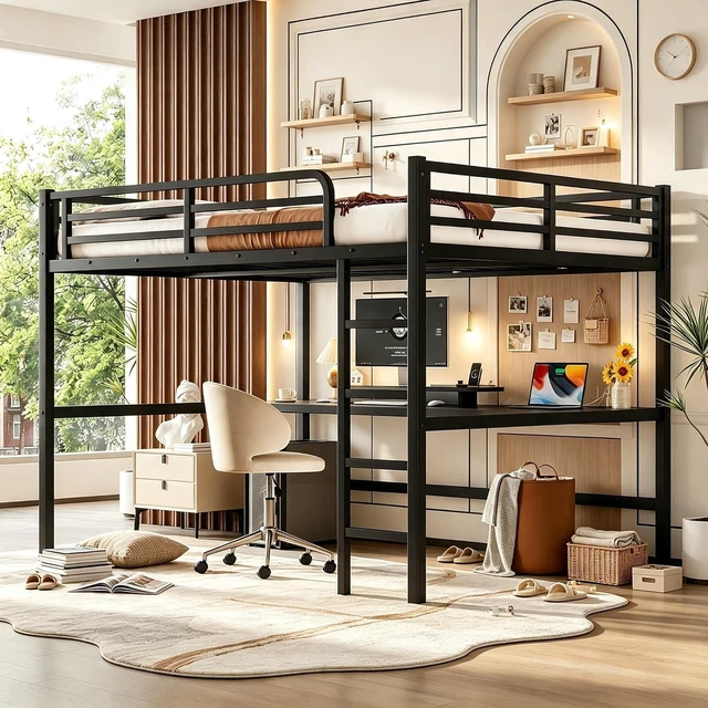 Main image of Metal Loft Bed with Desk and Charging Station for Small Bedroom, High Loft Bed Frame with LED Lighted and Safety Guardrail for Teens, Adults, No Box Spring Needed, Queen Size, Black