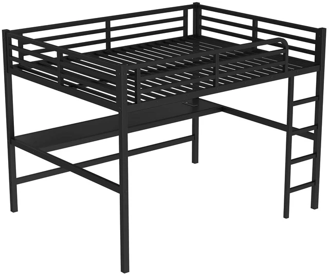 Alt view image 5 of 7 - Metal Loft Bed with Desk and Charging Station for Small Bedroom, High Loft Bed Frame with LED Lighted and Safety Guardrail for Teens, Adults, No Box Spring Needed, Queen Size, Black