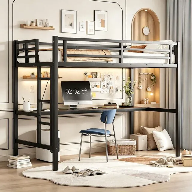 Main image of Metal Loft Bed with Desk and Charging Station for Small Bedroom, High Loft Bed Frame with LED Lighted and Safety Guardrail for Teens, Adults, No Box Spring Needed, Twin XL Size, Black