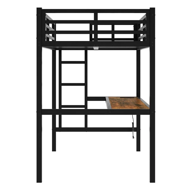 Alt view image 5 of 7 - Metal Loft Bed with Desk and Charging Station for Small Bedroom, High Loft Bed Frame with LED Lighted and Safety Guardrail for Teens, Adults, No Box Spring Needed, Twin XL Size, Black