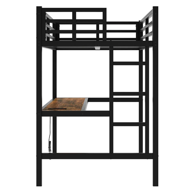 Alt view image 4 of 7 - Metal Loft Bed with Desk and Charging Station for Small Bedroom, High Loft Bed Frame with LED Lighted and Safety Guardrail for Teens, Adults, No Box Spring Needed, Twin XL Size, Black