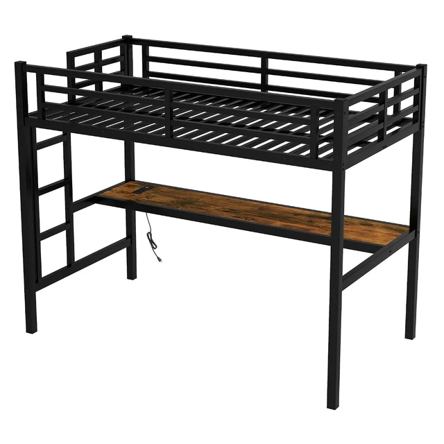 Alt view image 6 of 7 - Metal Loft Bed with Desk and Charging Station for Small Bedroom, High Loft Bed Frame with LED Lighted and Safety Guardrail for Teens, Adults, No Box Spring Needed, Twin XL Size, Black