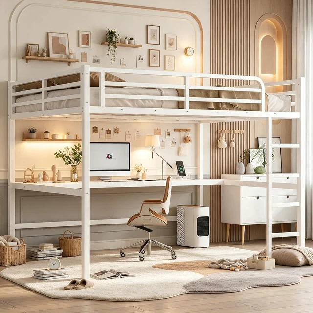 Main image of Metal Loft Bed with Desk and Charging Station for Small Bedroom, High Loft Bed Frame with LED Lighted and Safety Guardrail for Teens, Adults, No Box Spring Needed, Queen Size, Off White