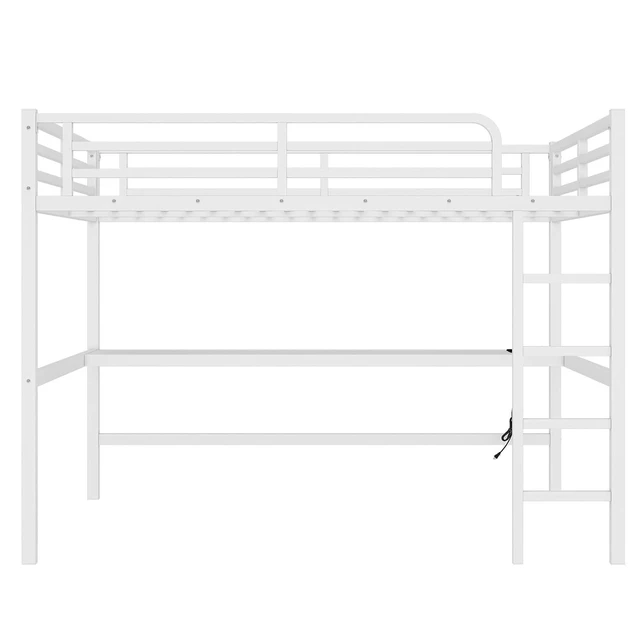 Alt view image 3 of 7 - Metal Loft Bed with Desk and Charging Station for Small Bedroom, High Loft Bed Frame with LED Lighted and Safety Guardrail for Teens, Adults, No Box Spring Needed, Queen Size, Off White