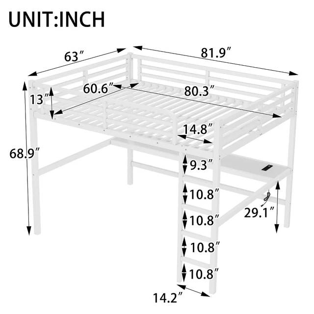 Alt view image 2 of 7 - Metal Loft Bed with Desk and Charging Station for Small Bedroom, High Loft Bed Frame with LED Lighted and Safety Guardrail for Teens, Adults, No Box Spring Needed, Queen Size, Off White