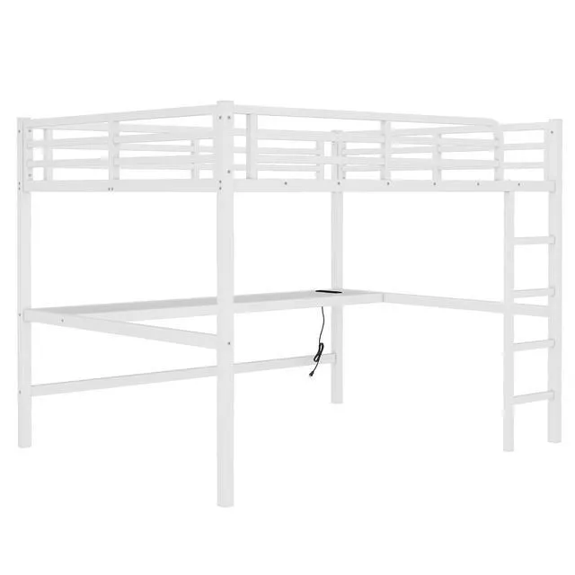 Alt view image 5 of 7 - Metal Loft Bed with Desk and Charging Station for Small Bedroom, High Loft Bed Frame with LED Lighted and Safety Guardrail for Teens, Adults, No Box Spring Needed, Queen Size, Off White