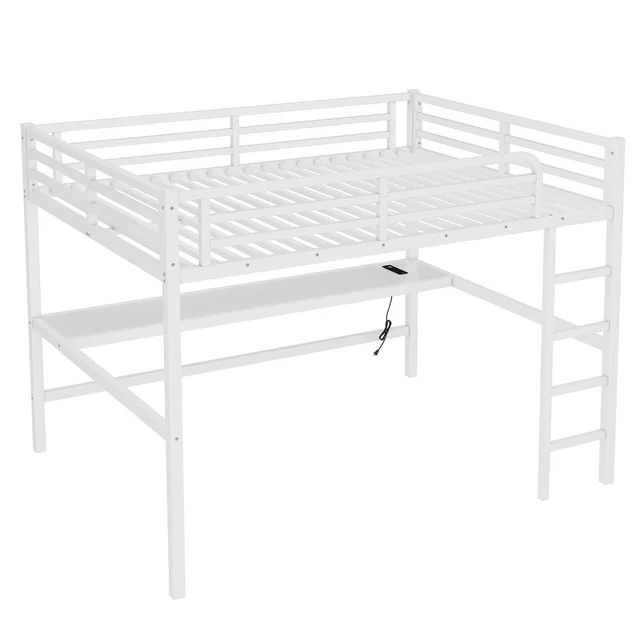 Alt view image 4 of 7 - Metal Loft Bed with Desk and Charging Station for Small Bedroom, High Loft Bed Frame with LED Lighted and Safety Guardrail for Teens, Adults, No Box Spring Needed, Queen Size, Off White