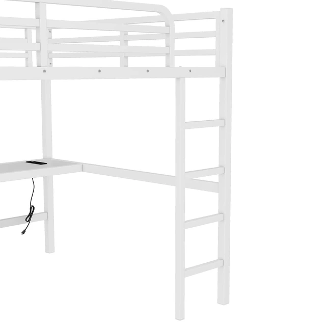 Alt view image 6 of 7 - Metal Loft Bed with Desk and Charging Station for Small Bedroom, High Loft Bed Frame with LED Lighted and Safety Guardrail for Teens, Adults, No Box Spring Needed, Queen Size, Off White