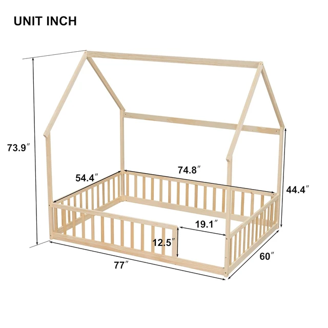 Alt view image 2 of 7 - Full Size House Bed Frame with High Fence, Natural