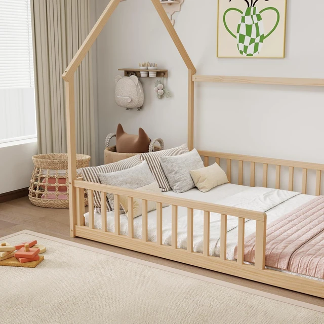 Alt view image 3 of 7 - Full Size House Bed Frame with High Fence, Natural