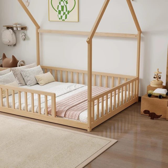 Alt view image 5 of 7 - Full Size House Bed Frame with High Fence, Natural