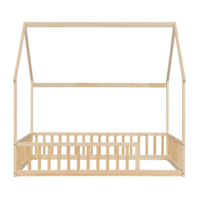 Alt view image 7 of 7 - Full Size House Bed Frame with High Fence, Natural