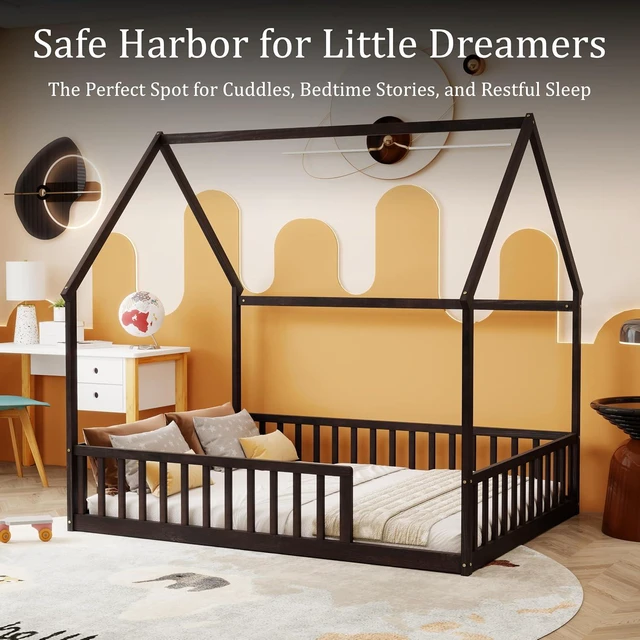 Alt view image 4 of 7 - Full Size House Bed Frame with High Fence, Espresso