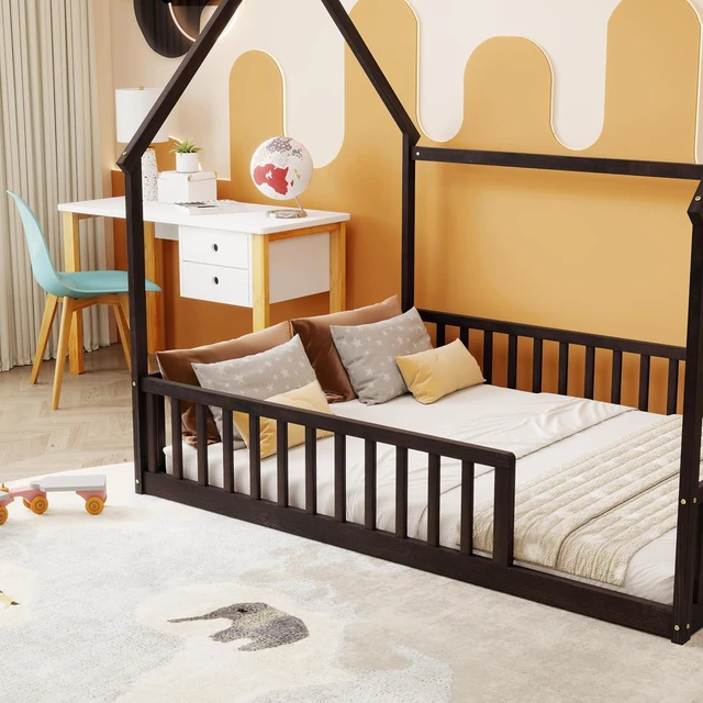 Alt view image 5 of 7 - Full Size House Bed Frame with High Fence, Espresso