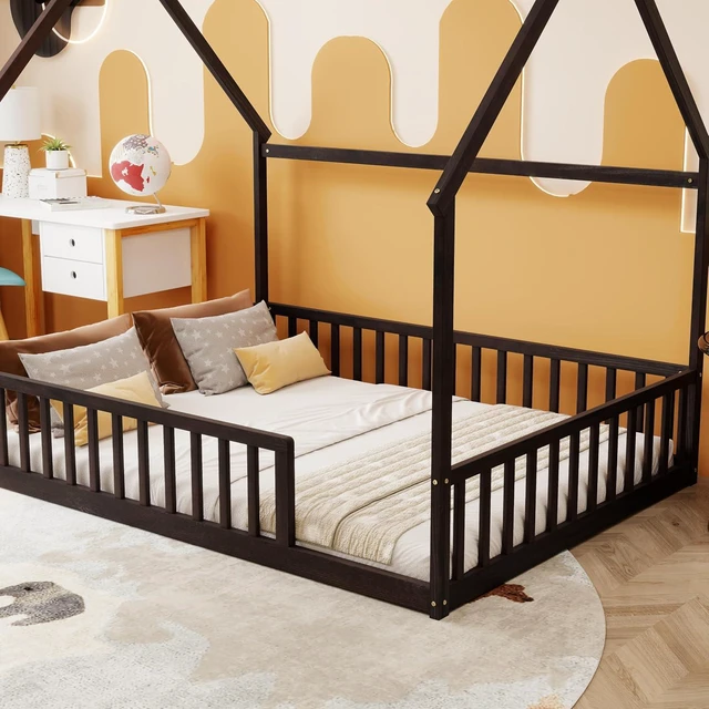 Alt view image 6 of 7 - Full Size House Bed Frame with High Fence, Espresso