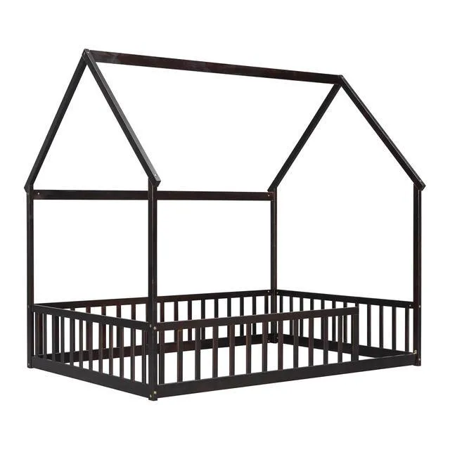 Alt view image 7 of 7 - Full Size House Bed Frame with High Fence, Espresso