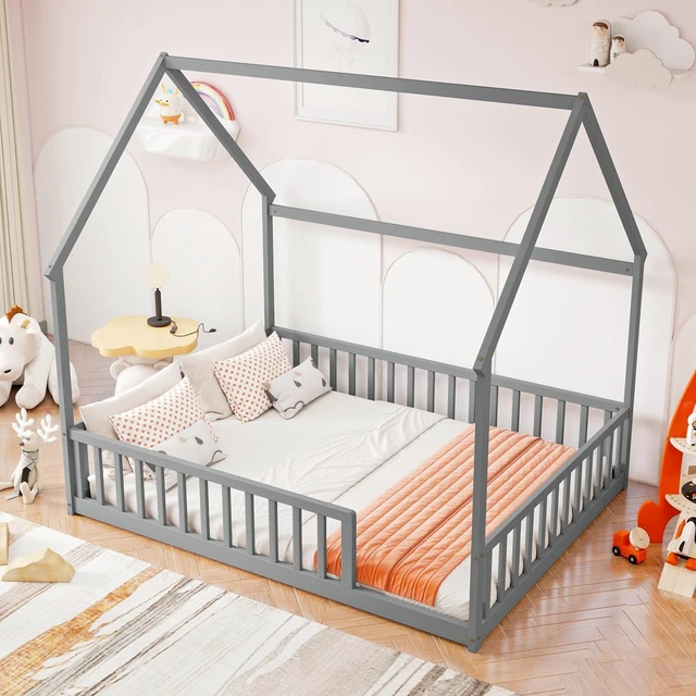 Main image of Full Size House Bed Frame with High Fence, Grey