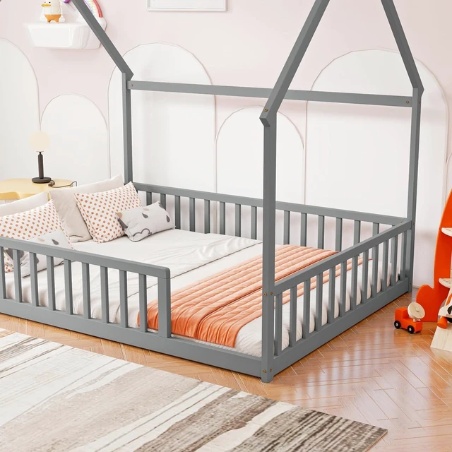Alt view image 3 of 7 - Full Size House Bed Frame with High Fence, Grey