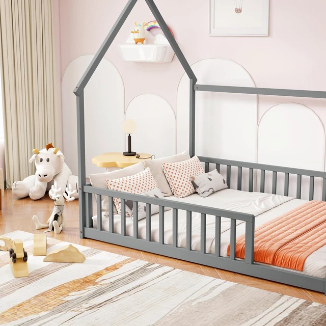 Alt view image 4 of 7 - Full Size House Bed Frame with High Fence, Grey