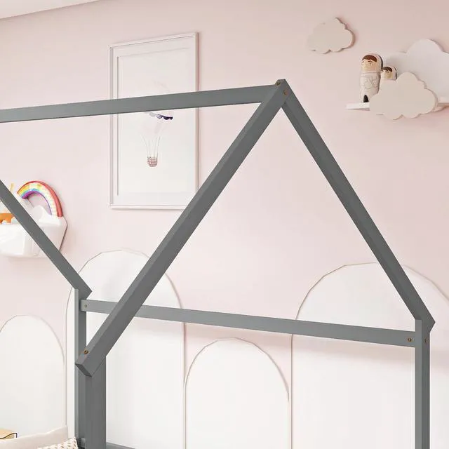 Alt view image 5 of 7 - Full Size House Bed Frame with High Fence, Grey