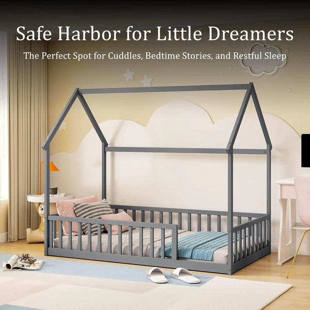 Alt view image 3 of 7 - Twin Size House Bed Frame with High Fence, Grey