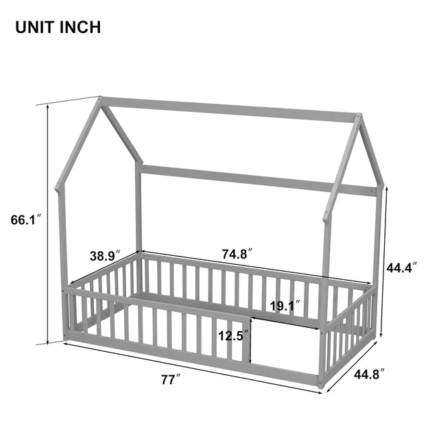Alt view image 2 of 7 - Twin Size House Bed Frame with High Fence, Grey
