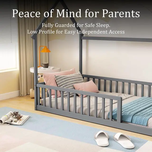 Alt view image 4 of 7 - Twin Size House Bed Frame with High Fence, Grey