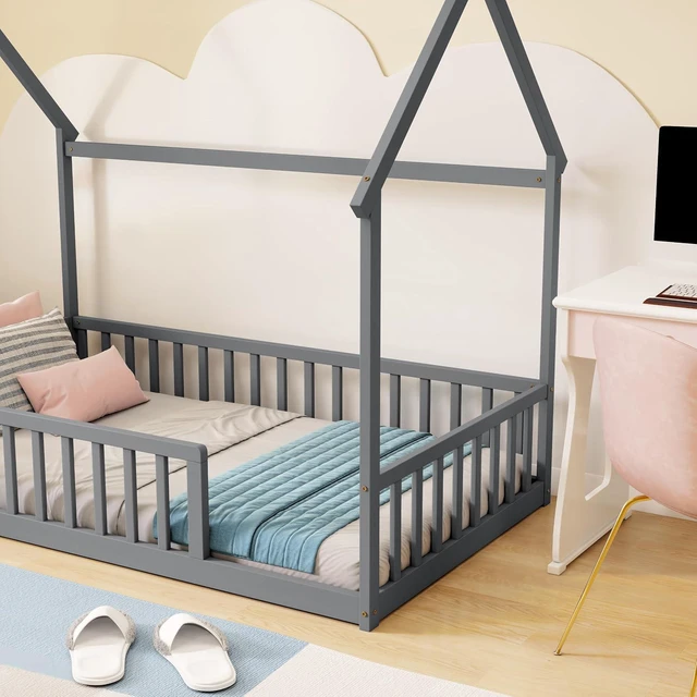 Alt view image 5 of 7 - Twin Size House Bed Frame with High Fence, Grey