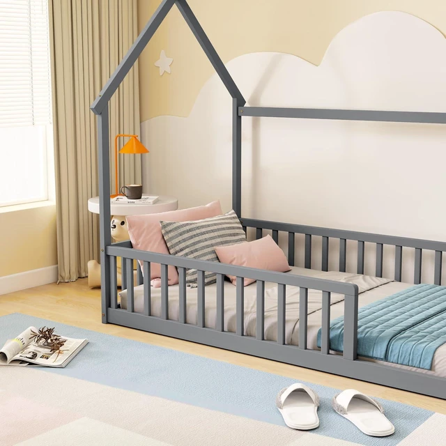 Alt view image 6 of 7 - Twin Size House Bed Frame with High Fence, Grey